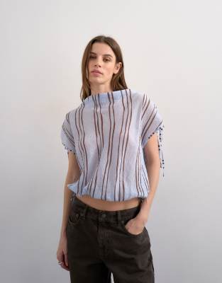 Top drapé à rayures avec col montant et liens noués - Bleu 38