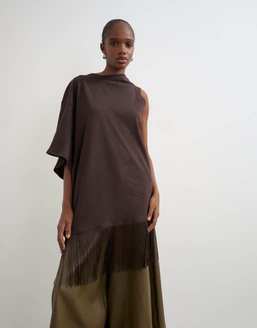 Topshop top drapeado asimétrico con detalle de flecos en chocolate, 2 de 4