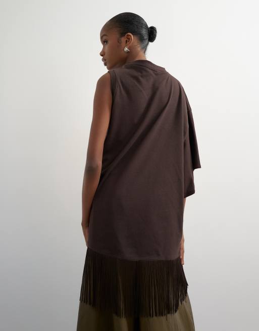 Topshop top drapeado asimétrico con detalle de flecos en chocolate, 4 de 4
