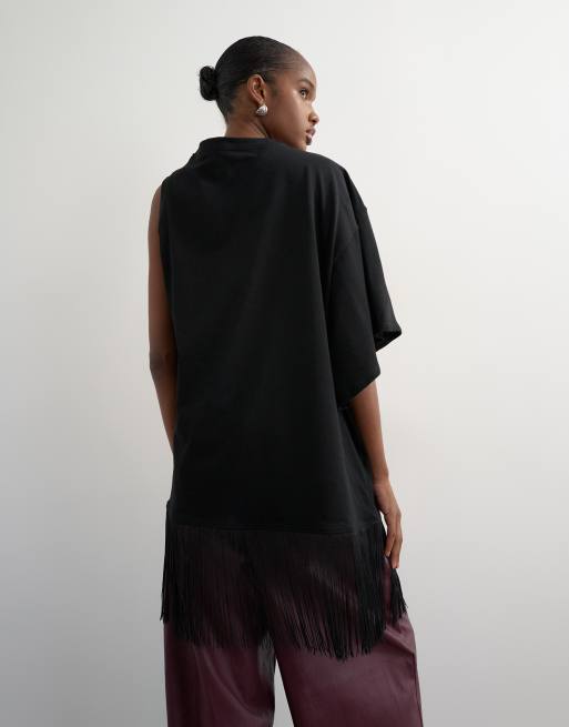 Topshop top drapeado asimétrico con detalle de flecos en negro, 4 de 4