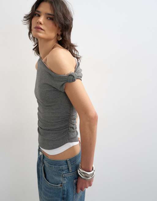 Topshop - Top drappeggiato a doppio strato grigio antracite, 3 di 4