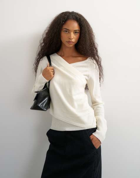 Topshop top drappeggiato a maniche lunghe in misto lana con scollo a V color avorio - view 1