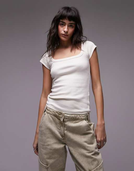 Topshop - Top écru a coste con scollo squadrato e maniche ad aletta