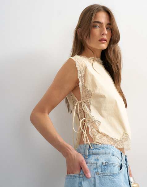 Topshop - Top écru con allacciatura laterale in pizzo - view 1