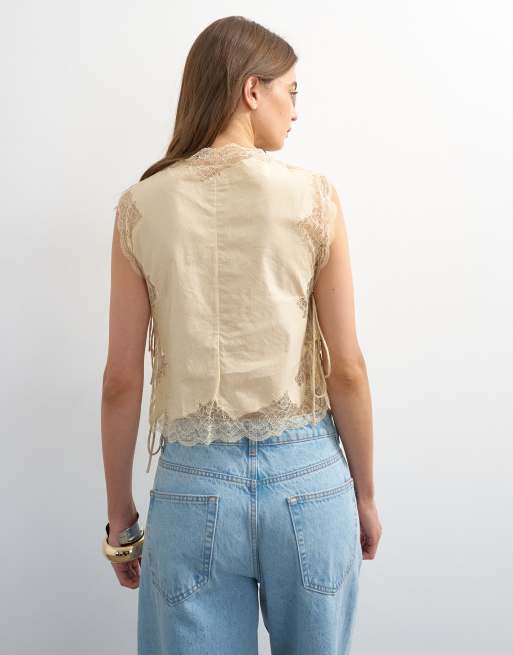 Topshop - Top écru con allacciatura laterale in pizzo, 3 di 4