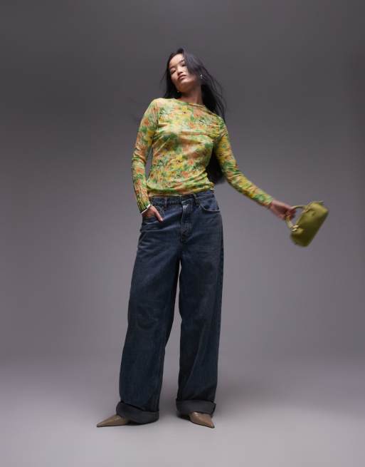 Topshop - Top effet froissé à manches longues et imprimé fleuri - Vert, 3 de 4