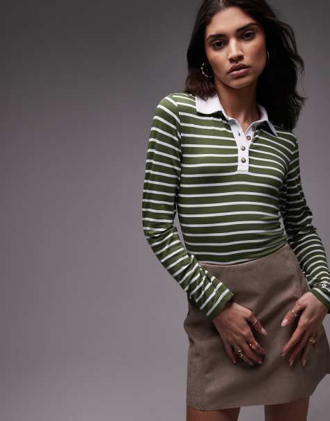 Topshop - Top effet rétréci style maillot de rugby en jersey rayé à manches longues - Olive - view 1