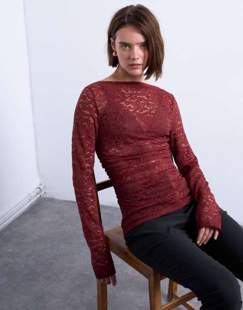 Topshop - Top en dentelle à encolure bateau avec fronces sur les côtés - Rouge foncé - view 1