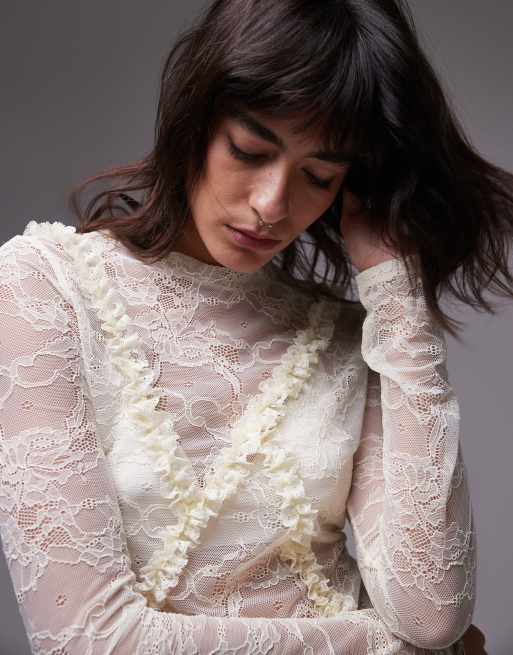 Topshop - Top en dentelle à manches longues et volants - Blanc cassé, 2 de 4