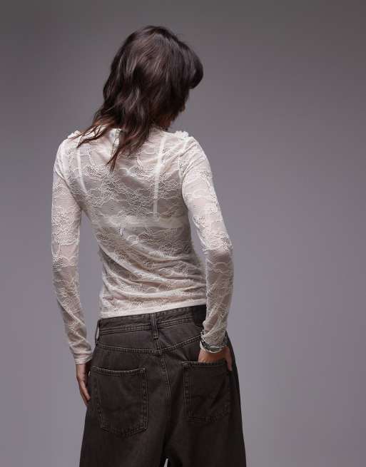 Topshop - Top en dentelle à manches longues et volants - Blanc cassé, 3 de 4