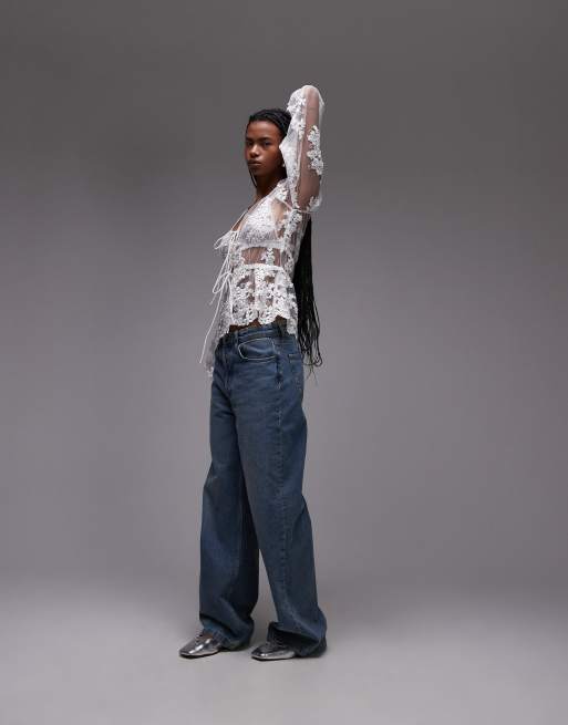 Topshop - Top en dentelle fleurie transparente à manches bouffantes - Ivoire, 3 de 4