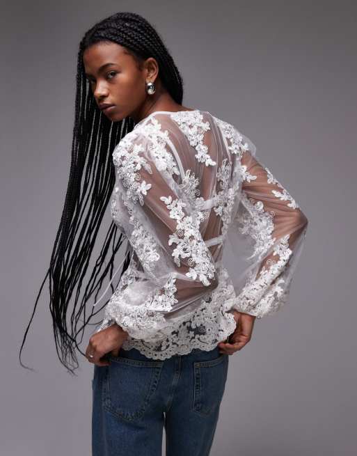 Topshop - Top en dentelle fleurie transparente à manches bouffantes - Ivoire, 4 de 4