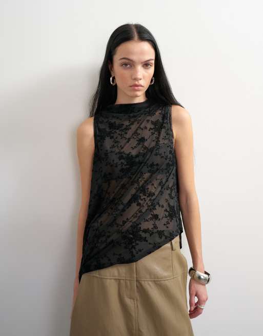 Topshop top en dévoré à col bénitier avec détail à nouer noir, 2 de 4