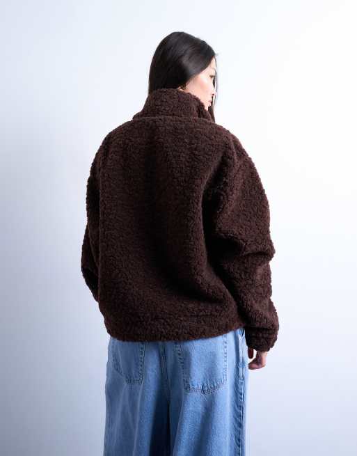 Topshop - Top en imitation peau de mouton à col zippé - Marron foncé, 4 de 4