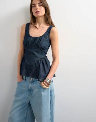 Top en jean à basque avec buste froncé - Bleu moyen 46