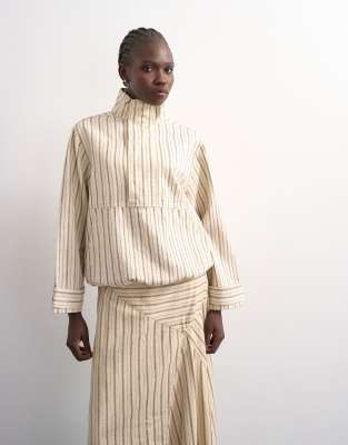 Top en jean à rayures avec ourlet boule et col cheminée - Écru-Multicolore 36