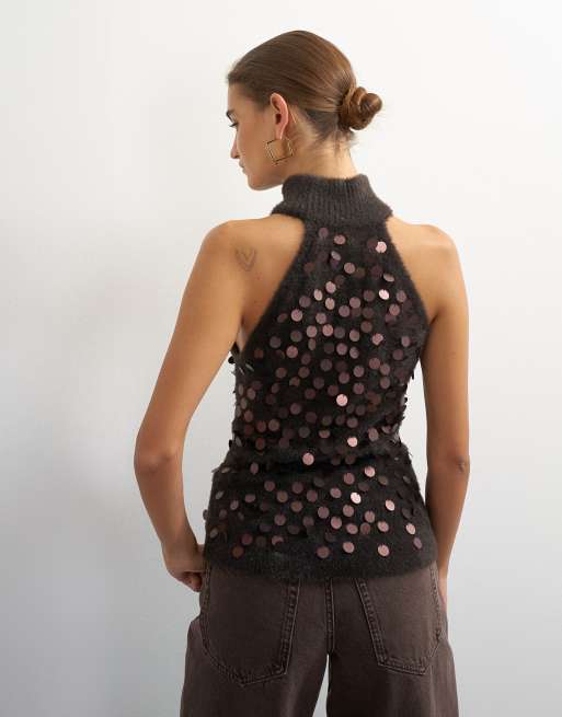 Topshop top en maille à col licou à sequins marron chocolat, 3 de 4