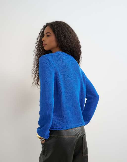 Topshop top en maille à manches longues avec finitions à ourlet roulé bleu, 3 de 4