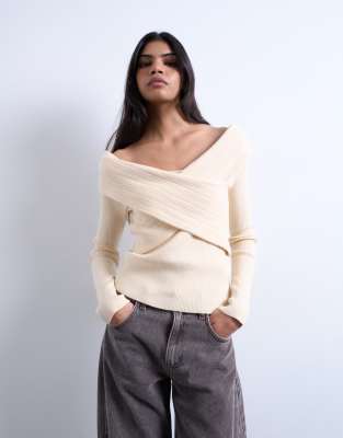 Top en maille à manches longues et détail rabattue - Ivoire-Blanc XL