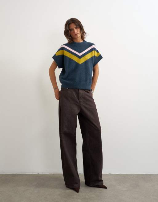 Topshop top en maille duveteuse à manches courtes en laine à rayures multicolores, 2 de 4