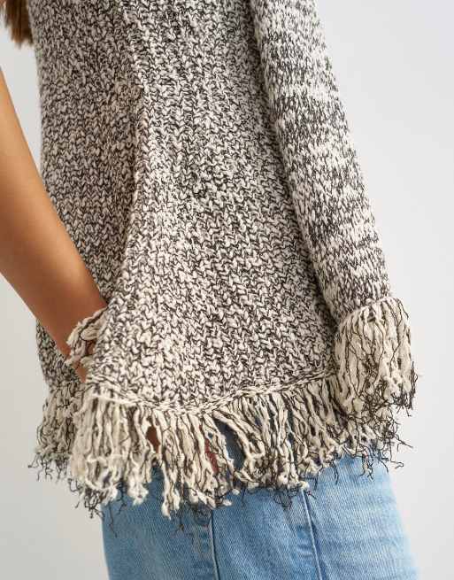 Topshop top en maille sans manches à franges et basque, écharpe, marron, 2 de 4