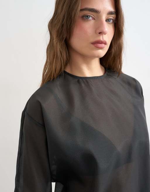 Topshop - Top en organza à encolure ronde - Noir, 3 de 4