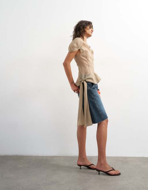 Topshop - Top en organza à manches bouffantes et volants - Vison, 2 de 4