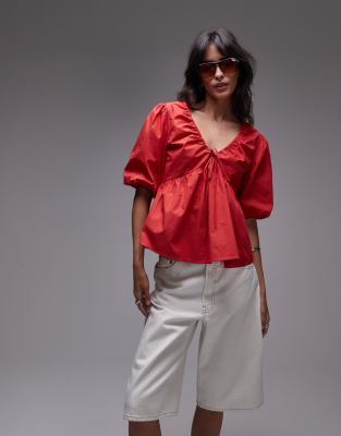 Top en popeline à manches bouffantes - Rouge 40