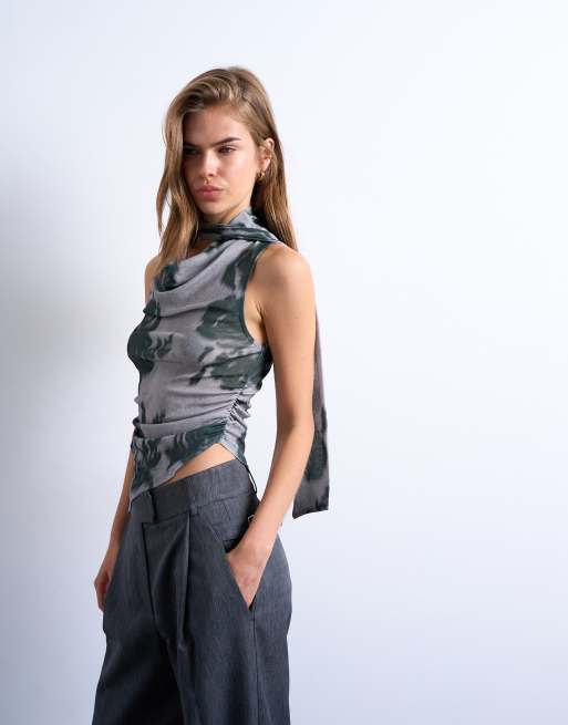 Topshop - Top en tulle à imprimé floral et effet foulard asymétrique - Gris