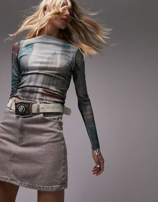 Topshop - Top en tulle à manches longues et imprimé paysage urbain - Multicolore