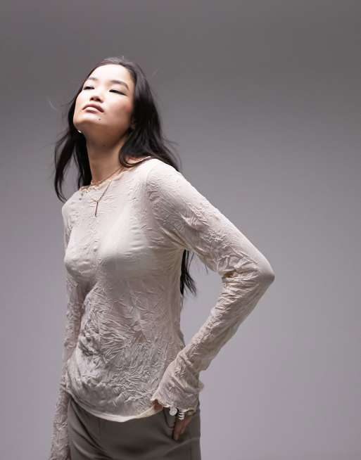 Topshop - Top en tulle effet froissé à manches longues - Pêche, 2 de 4