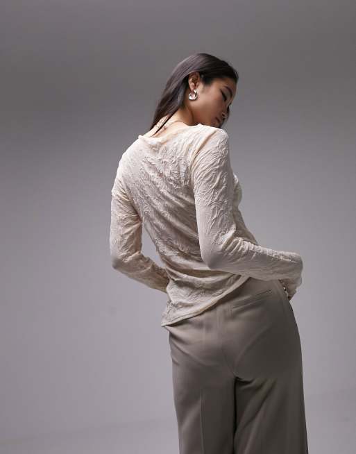 Topshop - Top en tulle effet froissé à manches longues - Pêche, 4 de 4