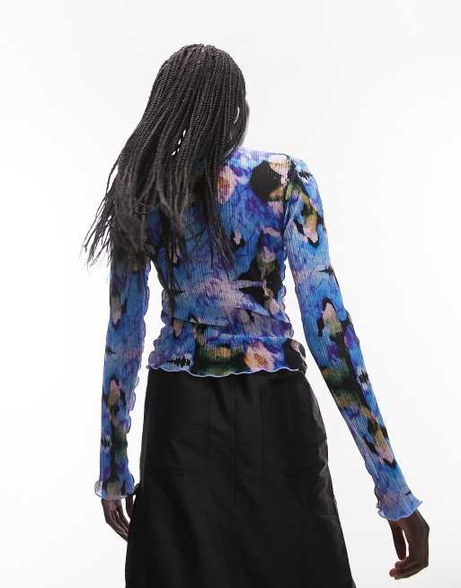 Topshop - Top en tulle plissé à col montant avec imprimé fleurs floues - Multicolore, 2 de 4