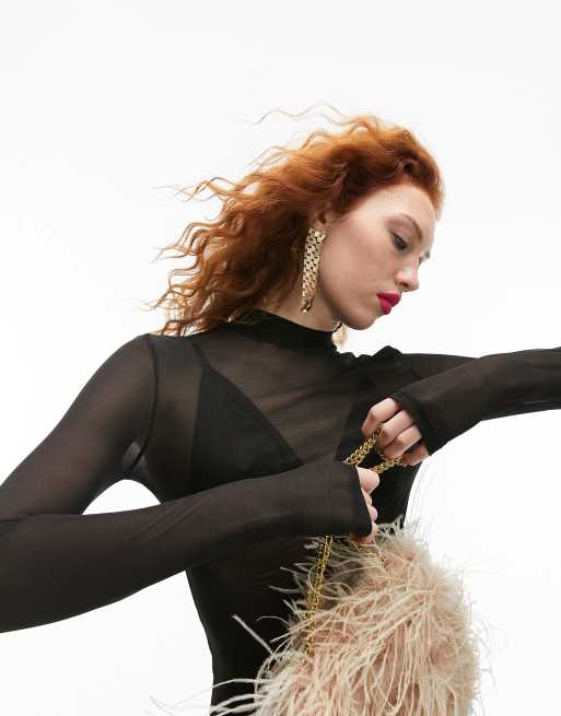 Topshop - Top en tulle uni à col montant et manches longues - Noir