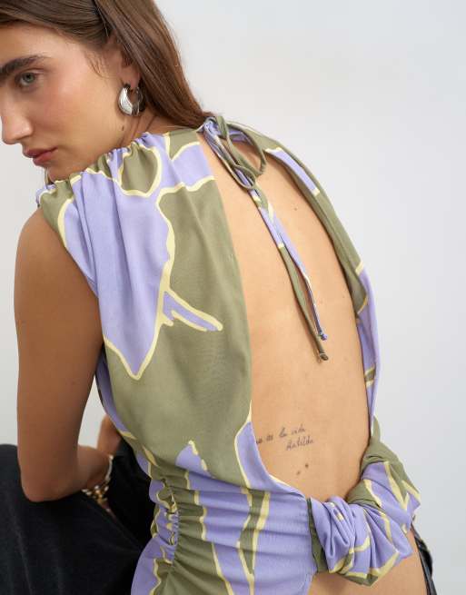 Topshop - top estampado floral con espalda drapeada en morado, 3 de 4