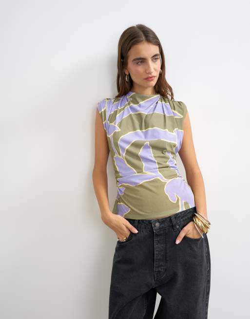 Topshop - top estampado floral con espalda drapeada en morado, 4 de 4