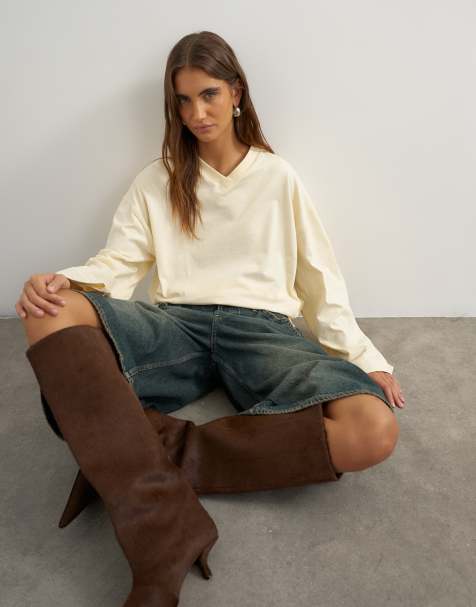 Topshop top evasé de manga larga con cuello de pico en crudo - view 1