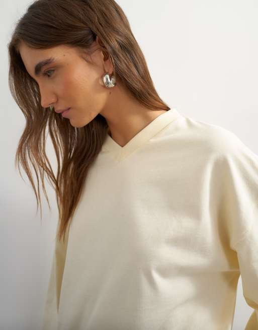 Topshop top evasé de manga larga con cuello de pico en crudo, 3 de 4