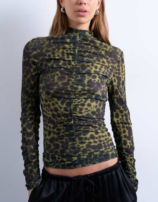 Topshop - Top froncé à manches longues avec imprimé pois abstrait - Noir