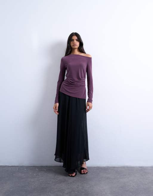 Topshop - Top froncé à manches longues et épaule dénudée en cupro - Prune, 2 de 4
