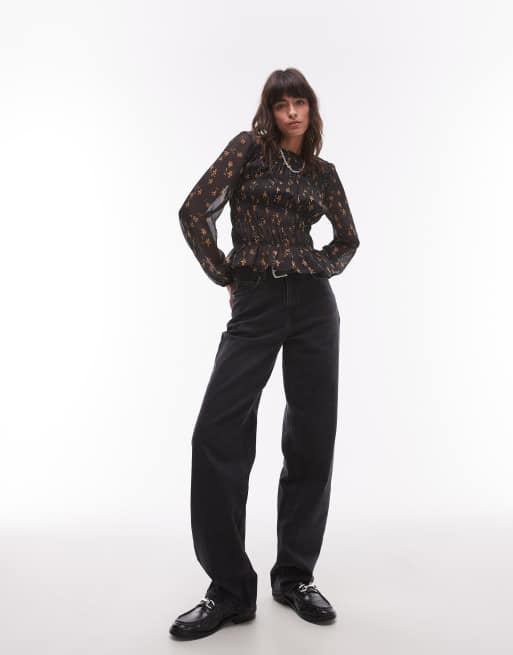 Topshop - Top froncé asymétrique - Base noire transparente à petites fleurs, 2 de 4