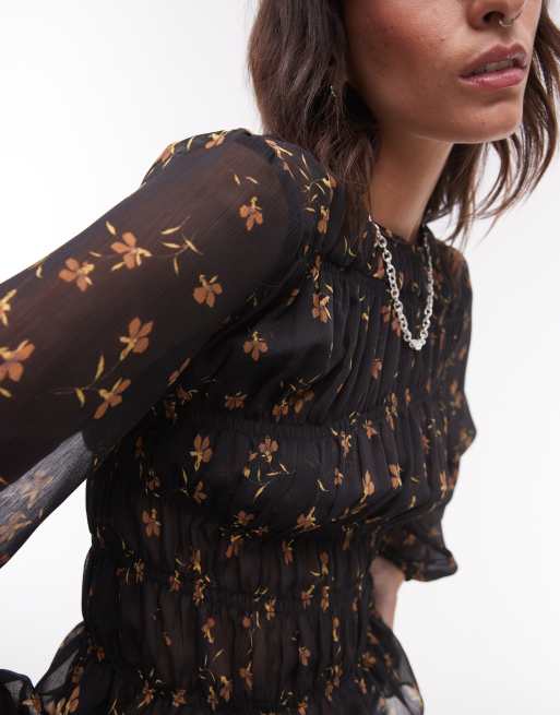 Topshop - Top froncé asymétrique - Base noire transparente à petites fleurs, 3 de 4