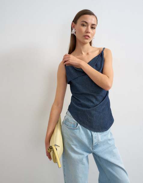 Topshop - Top froncé en denim avec encolure drapée - Indigo délavé - view 1