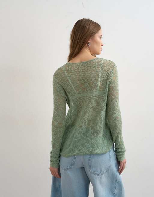 Topshop - Top froncé en maille fine à manches longues - Sauge, 4 de 4