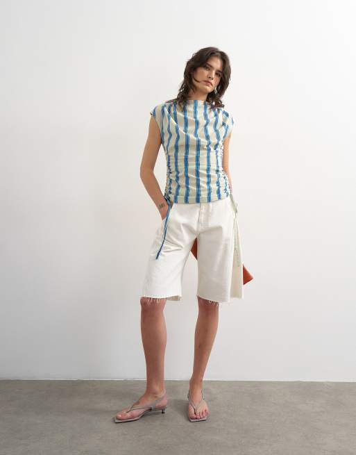 Topshop - Top froncé sur le côté à mancherons et rayures - Crème, 2 de 4