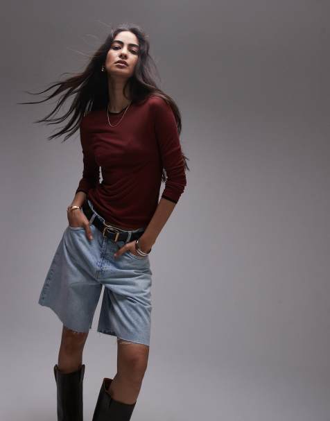 Topshop - Top girocollo a maniche lunghe premium basic trasparente bordeaux con finiture a contrasto - view 1