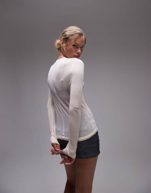 Topshop - Top girocollo a maniche lunghe premium basic trasparente neutro con finiture a contrasto, 2 di 4