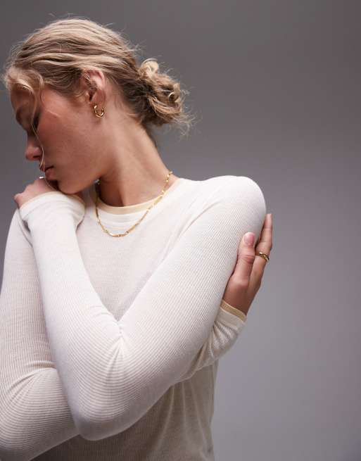 Topshop - Top girocollo a maniche lunghe premium basic trasparente neutro con finiture a contrasto, 3 di 4