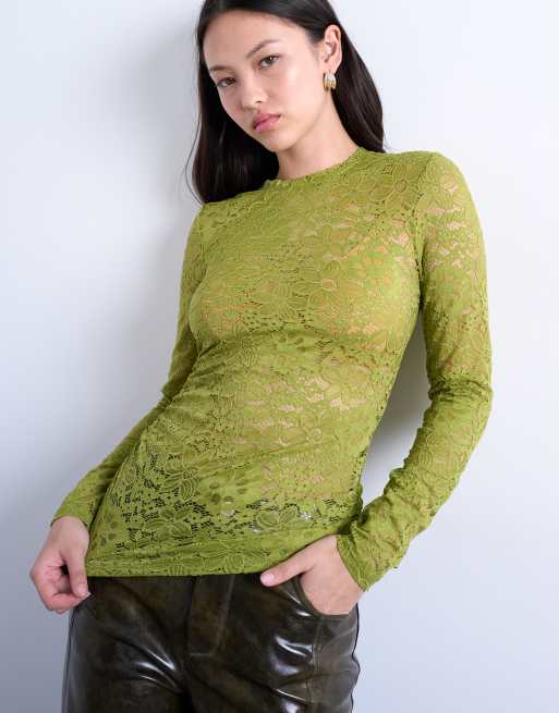 Topshop - Top girocollo in pizzo verde raccolto sul lato