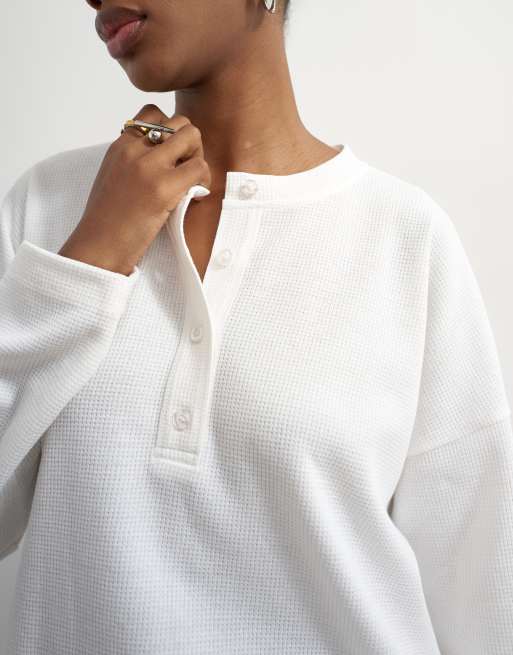 Topshop top Henley à manches longues en maille gaufrée écru, 2 de 4